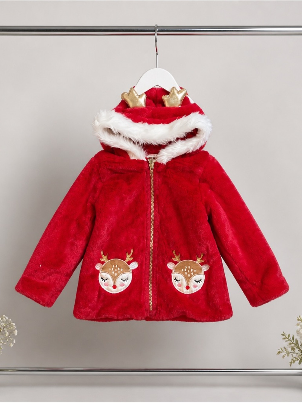 Little Lass Red Faux-Fur Puffer Jacket with Gold Crown Hood